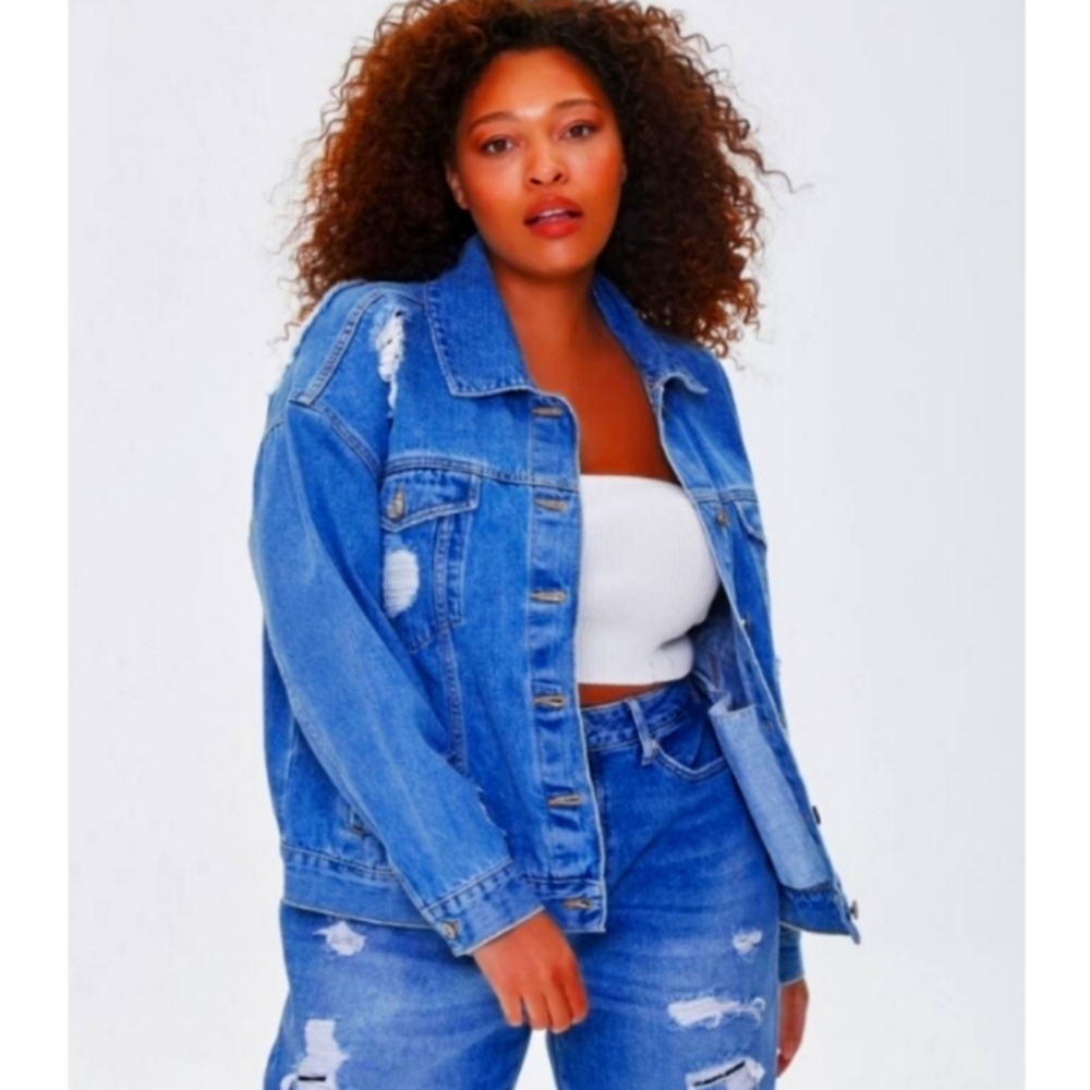 Forever 21 Distressed Denim Jean Jacket